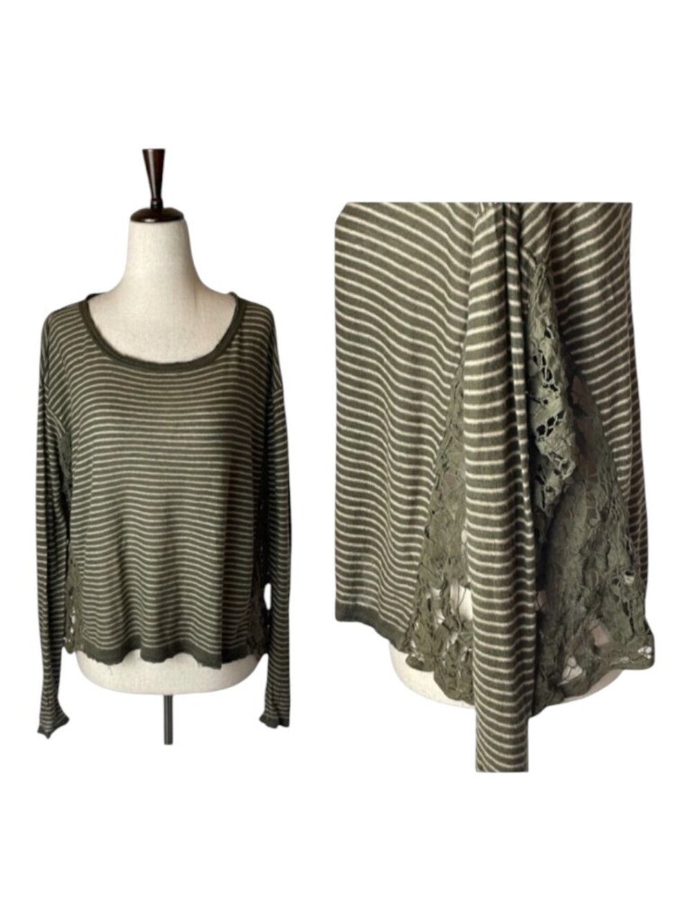Free People Olive Green Stripe Crochet Sides Linen Blend Long Sleeve Top Size XS